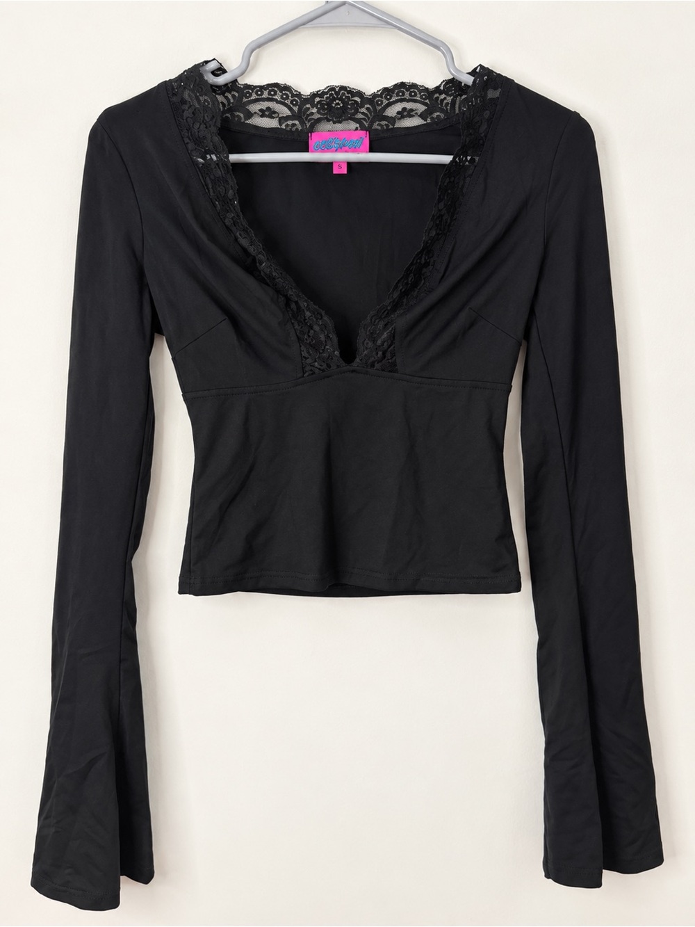 Edikted Black Lace-Trim Long Sleeve V-Neck Top